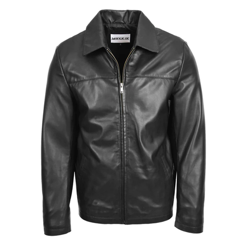 Maxkik Men’s Leather Biker Jacket Black Zip Box Leather Casual Jacket