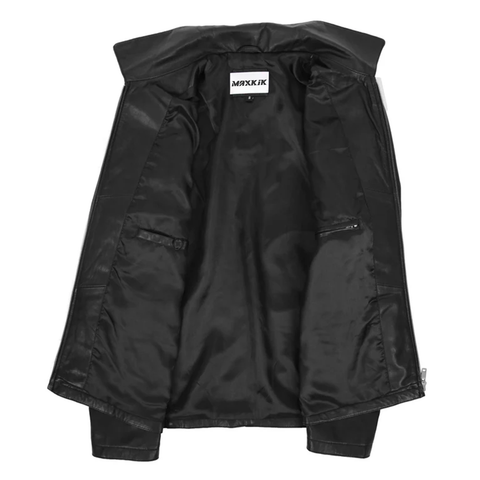 Maxkik Men’s Leather Biker Jacket Black Zip Box Leather Casual Jacket