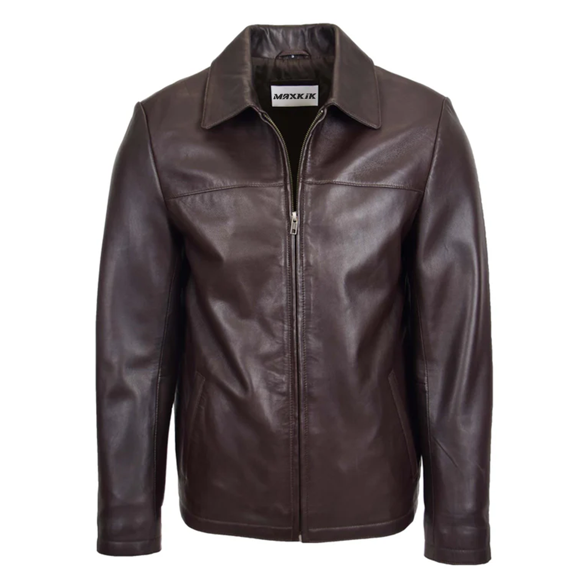 Maxkik Men’s Leather Biker Jacket Brown Zip Box Leather Casual Jacket