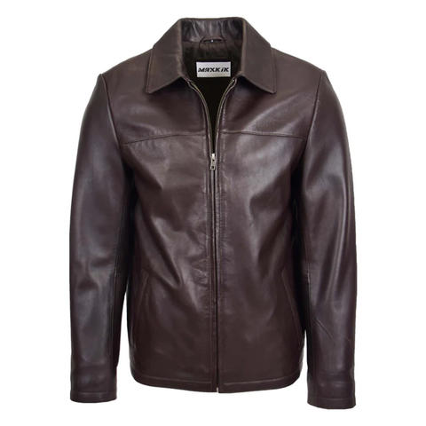 Maxkik Men’s Leather Biker Jacket Brown Zip Box Leather Casual Jacket