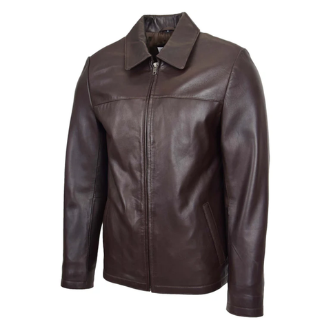 Maxkik Men’s Leather Biker Jacket Brown Zip Box Leather Casual Jacket