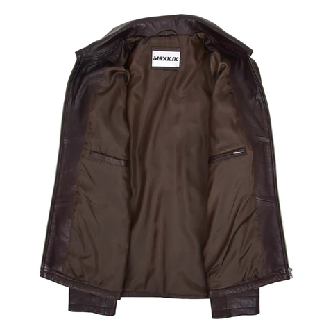 Maxkik Men’s Leather Biker Jacket Brown Zip Box Leather Casual Jacket