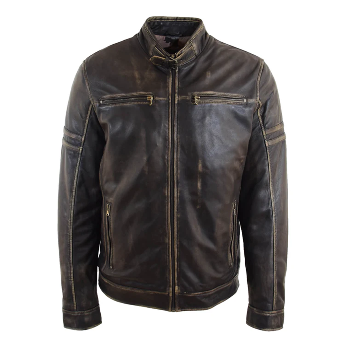 Maxkik Men’s Leather Biker Jacket Vintage Rub Off Fitted Moto Jacket