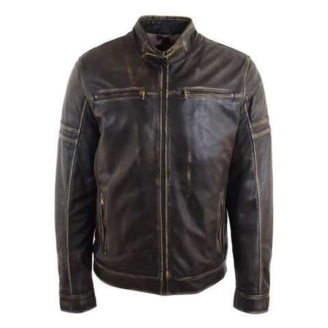 Maxkik Men’s Leather Biker Jacket Vintage Rub Off Fitted Moto Jacket