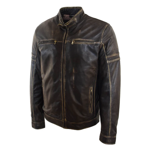 Maxkik Men’s Leather Biker Jacket Vintage Rub Off Fitted Moto Jacket