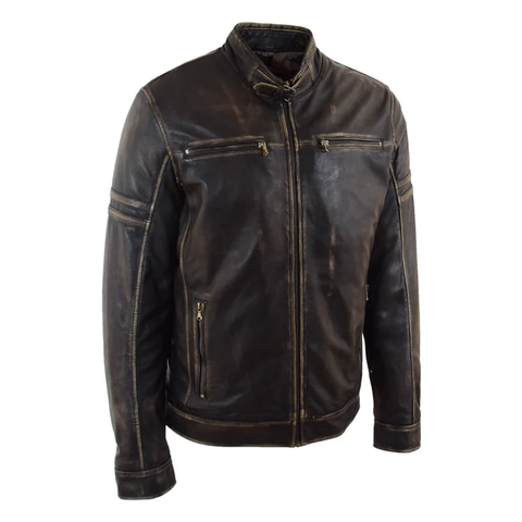 Maxkik Men’s Leather Biker Jacket Vintage Rub Off Fitted Moto Jacket