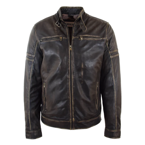Maxkik Men’s Leather Biker Jacket Vintage Rub Off Fitted Moto Jacket