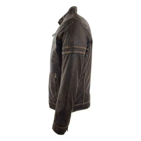 Maxkik Men’s Leather Biker Jacket Vintage Rub Off Fitted Moto Jacket