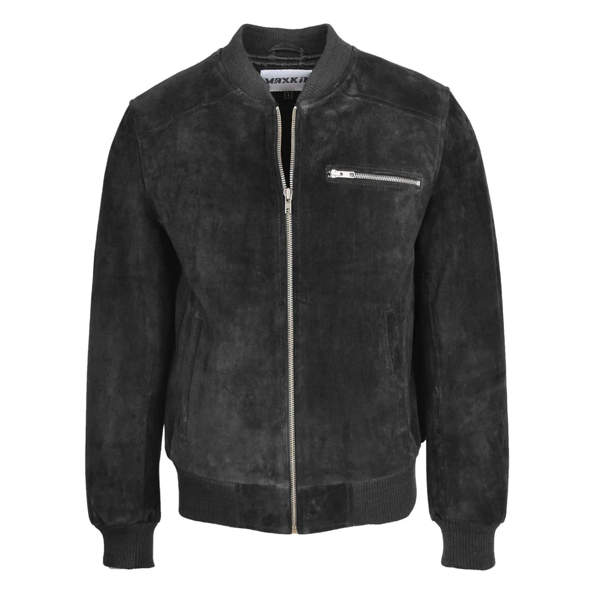 Maxkik Men’s Suede Bomber Varsity Jacket Black Sports Baseball Style Jacket