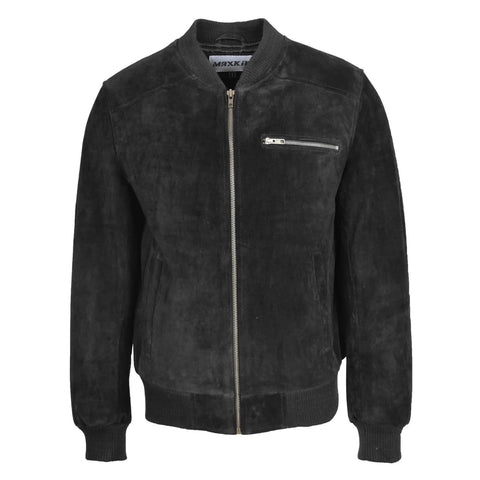 Maxkik Men’s Suede Bomber Varsity Jacket Black Sports Baseball Style Jacket