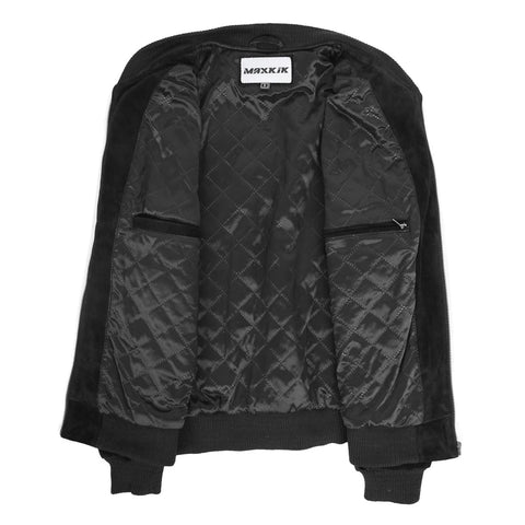Maxkik Men’s Suede Bomber Varsity Jacket Black Sports Baseball Style Jacket