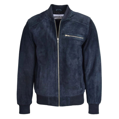 Maxkik Men’s Suede Bomber Varsity Jacket Blue Sports Baseball Style Jacket