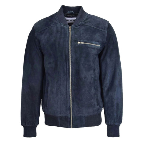 Maxkik Men’s Suede Bomber Varsity Jacket Blue Sports Baseball Style Jacket