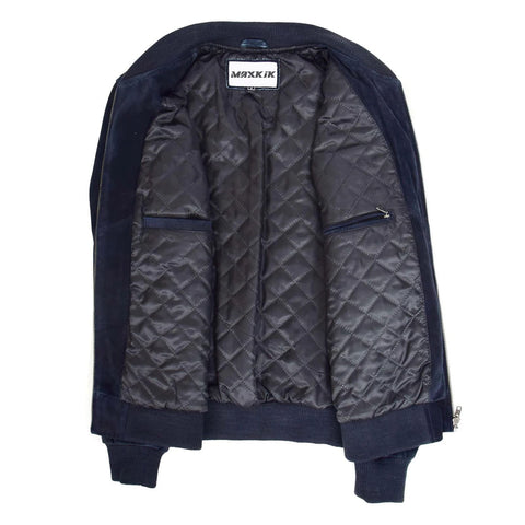 Maxkik Men’s Suede Bomber Varsity Jacket Blue Sports Baseball Style Jacket