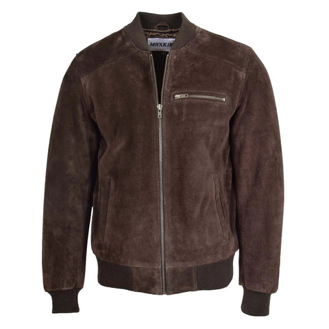 Maxkik Men’s Suede Bomber Varsity Jacket Brown Sports Baseball Style Jacket