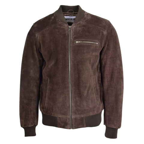 Maxkik Men’s Suede Bomber Varsity Jacket Brown Sports Baseball Style Jacket