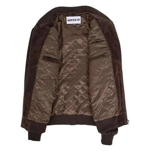 Maxkik Men’s Suede Bomber Varsity Jacket Brown Sports Baseball Style Jacket