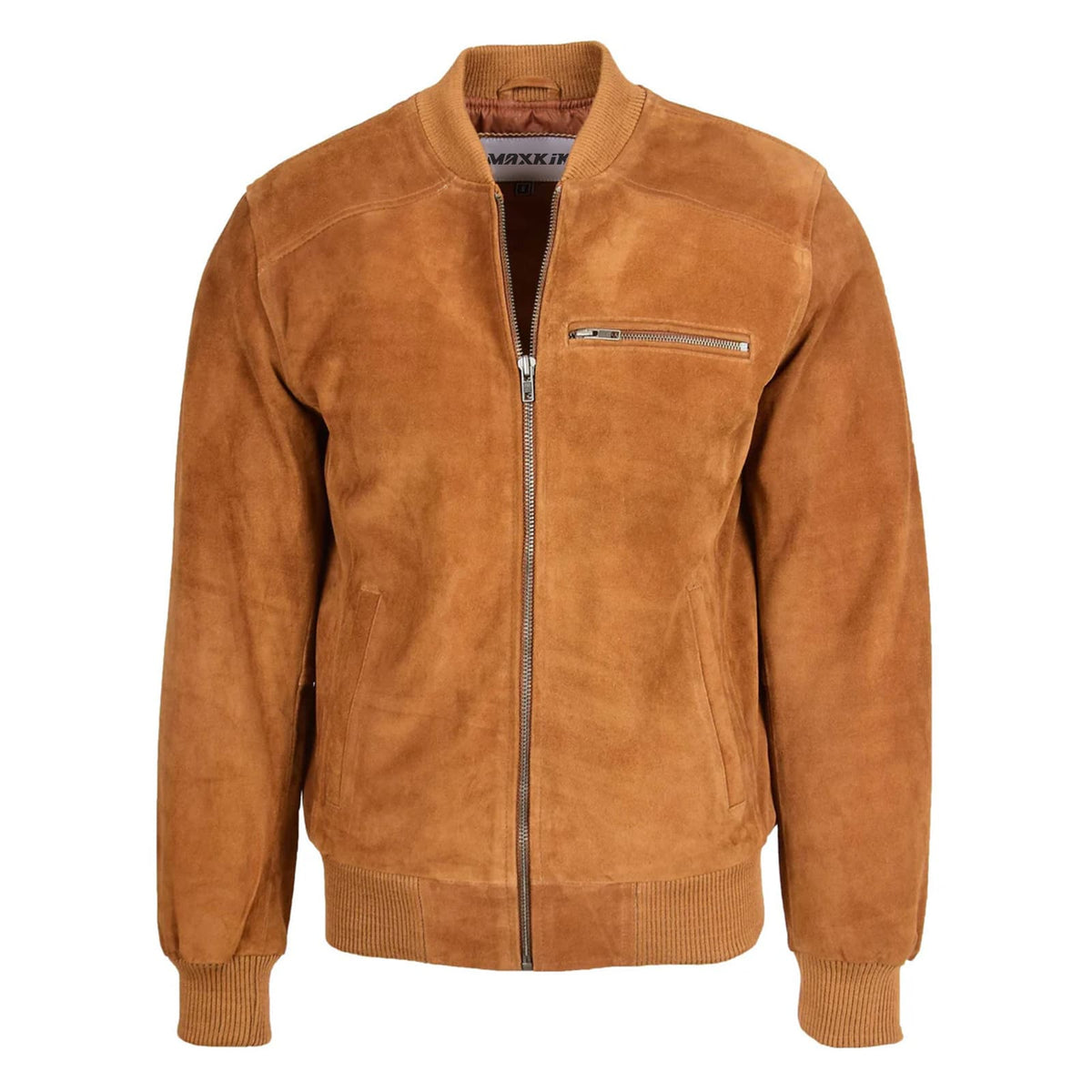 Maxkik Men’s Suede Bomber Varsity Jacket Tan Sports Baseball Style Jacket