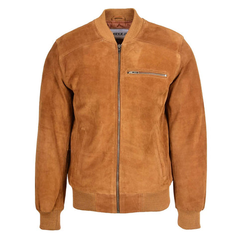 Maxkik Men’s Suede Bomber Varsity Jacket Tan Sports Baseball Style Jacket