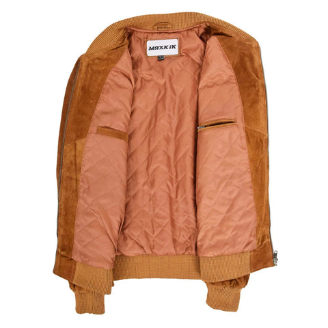 Maxkik Men’s Suede Bomber Varsity Jacket Tan Sports Baseball Style Jacket