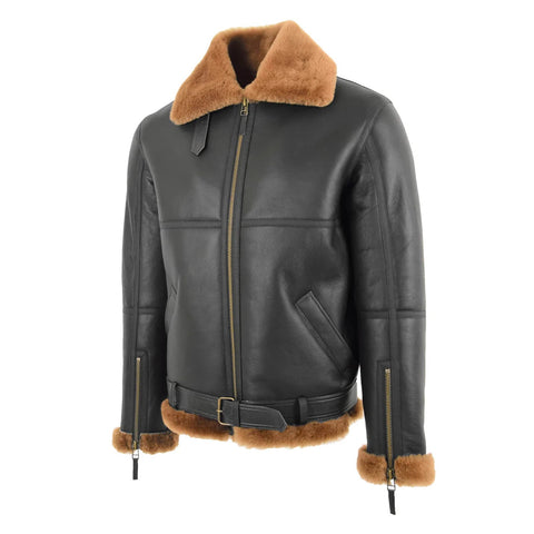 Maxkik Men’s RAF Flying Sheepskin Jacket Brown Ginger Aviator Coat