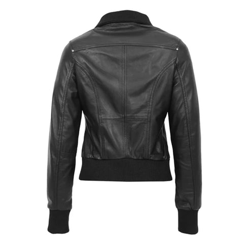 Maxkik Women’s Leather Classic Bomber Jacket Black Leather Jacket