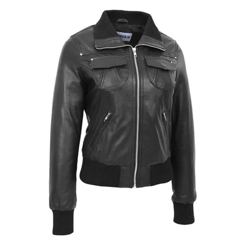 Maxkik Women’s Leather Classic Bomber Jacket Black Leather Jacket