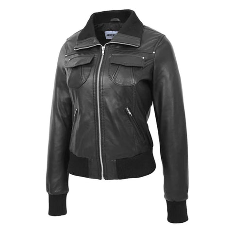 Maxkik Women’s Leather Classic Bomber Jacket Black Leather Jacket