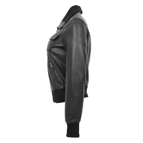 Maxkik Women’s Leather Classic Bomber Jacket Black Leather Jacket