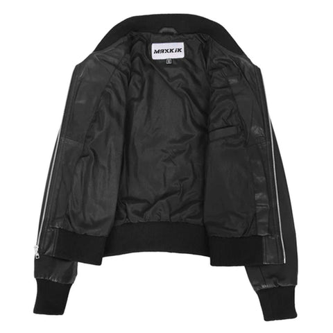 Maxkik Women’s Leather Classic Bomber Jacket Black Leather Jacket