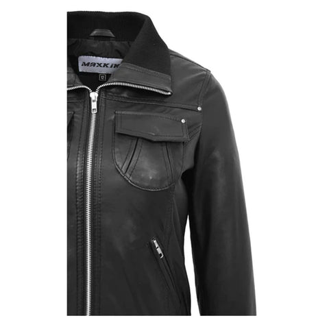 Maxkik Women’s Leather Classic Bomber Jacket Black Leather Jacket