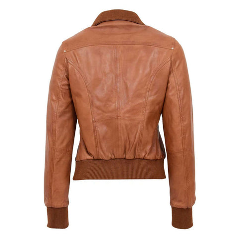 Maxkik Women’s Leather Classic Bomber Jacket Tan Leather Aviator Jacket