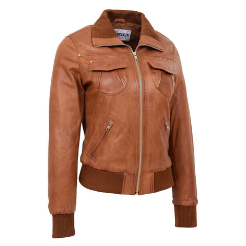 Maxkik Women’s Leather Classic Bomber Jacket Tan Leather Aviator Jacket