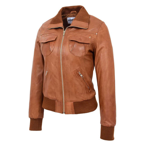 Maxkik Women’s Leather Classic Bomber Jacket Tan Leather Aviator Jacket
