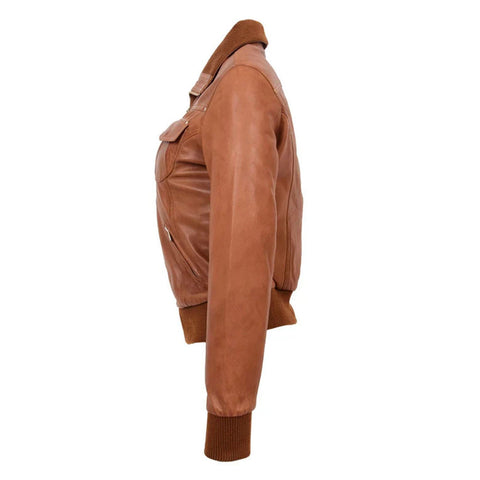 Maxkik Women’s Leather Classic Bomber Jacket Tan Leather Aviator Jacket