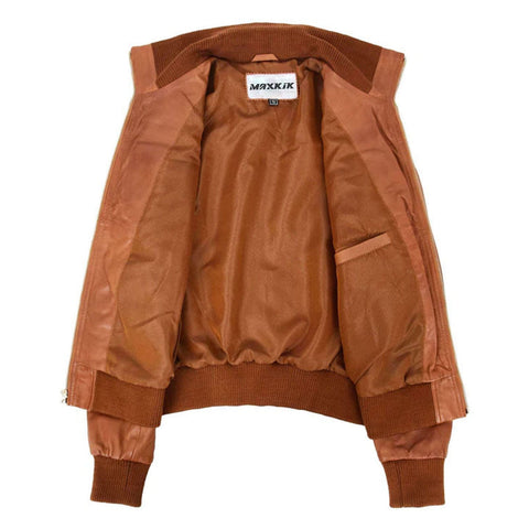 Maxkik Women’s Leather Classic Bomber Jacket Tan Leather Aviator Jacket