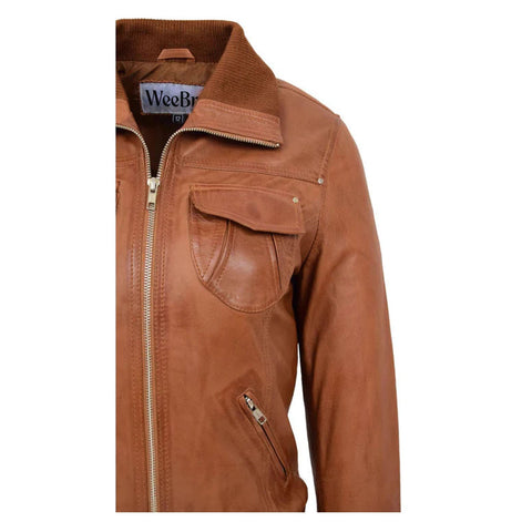 Maxkik Women’s Leather Classic Bomber Jacket Tan Leather Aviator Jacket