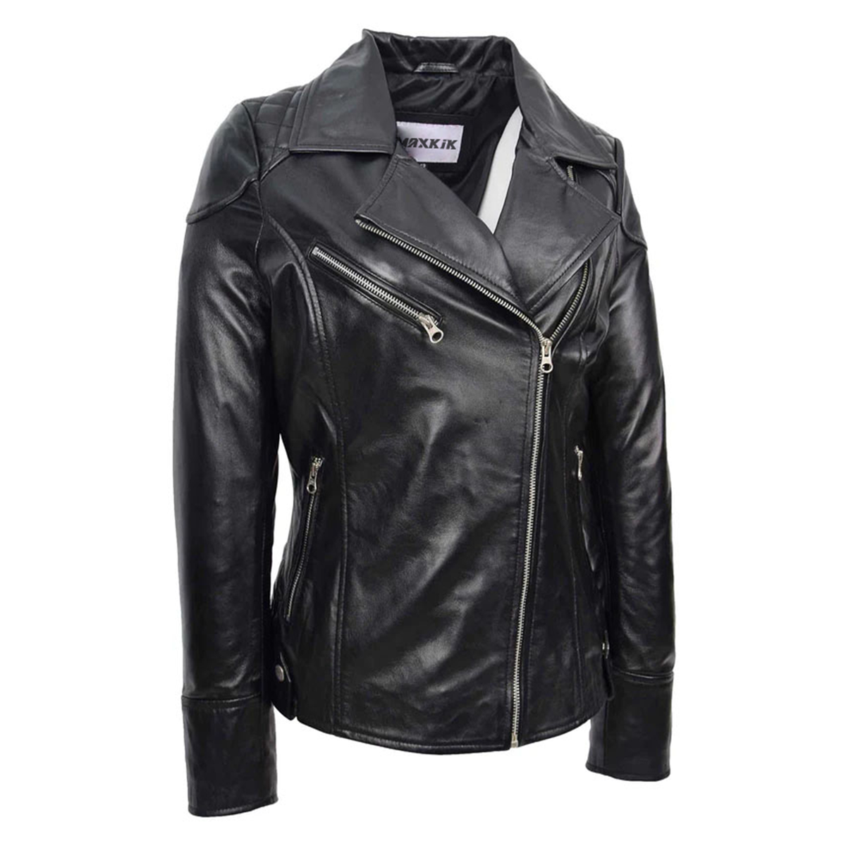 Maxkik Women’s Leather Biker Jacket Cross Zip Pockets Black Nappa Leather Jacket