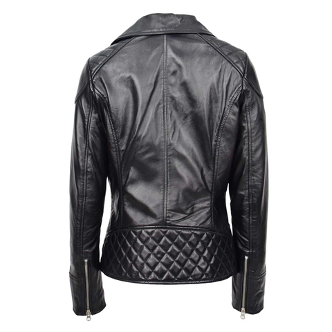 Maxkik Women’s Leather Biker Jacket Cross Zip Pockets Black Nappa Leather Jacket