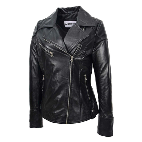 Maxkik Women’s Leather Biker Jacket Cross Zip Pockets Black Nappa Leather Jacket