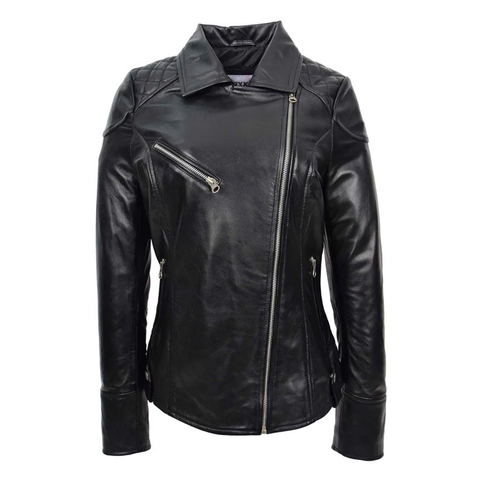 Maxkik Women’s Leather Biker Jacket Cross Zip Pockets Black Nappa Leather Jacket