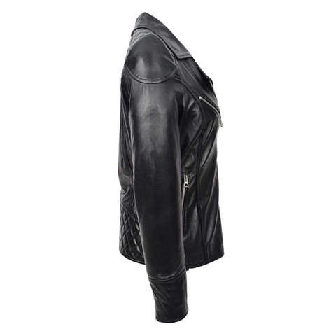 Maxkik Women’s Leather Biker Jacket Cross Zip Pockets Black Nappa Leather Jacket