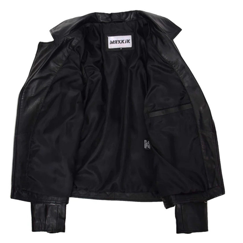 Maxkik Women’s Leather Biker Jacket Cross Zip Pockets Black Nappa Leather Jacket