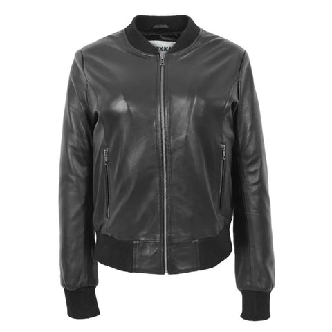 Maxkik Women’s Leather Bomber Jacket Black Leather Varsity Jacket