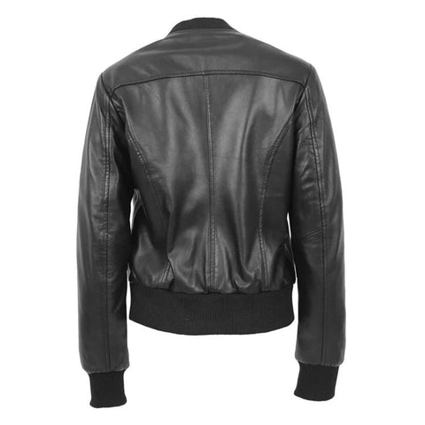Maxkik Women’s Leather Bomber Jacket Black Leather Varsity Jacket