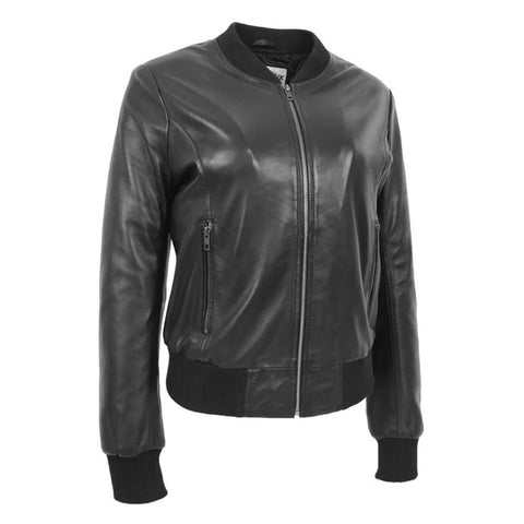 Maxkik Women’s Leather Bomber Jacket Black Leather Varsity Jacket