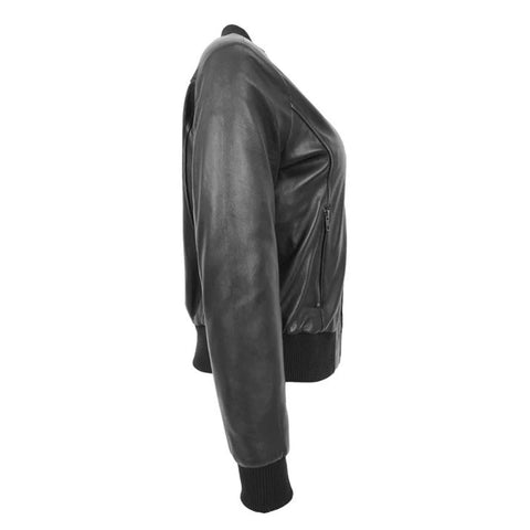 Maxkik Women’s Leather Bomber Jacket Black Leather Varsity Jacket