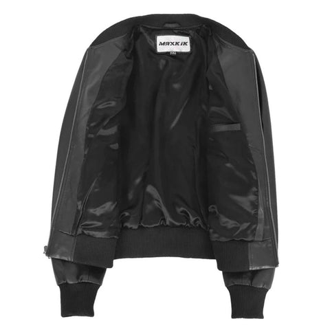 Maxkik Women’s Leather Bomber Jacket Black Leather Varsity Jacket