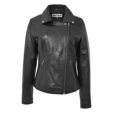 Maxkik Women’s Soft Leather Cross Zip Biker Jacket Black Leather Moto Jacket