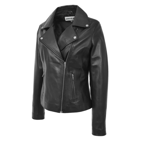 Maxkik Women’s Soft Leather Cross Zip Biker Jacket Black Leather Moto Jacket